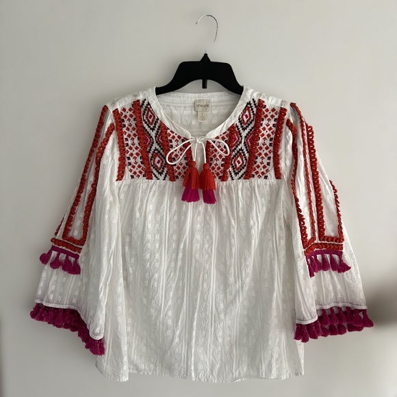Chico's White Tassel Embroidery Top Blouse Size M Boho Artsy Eclectic V Neck - Picture 2 of 9